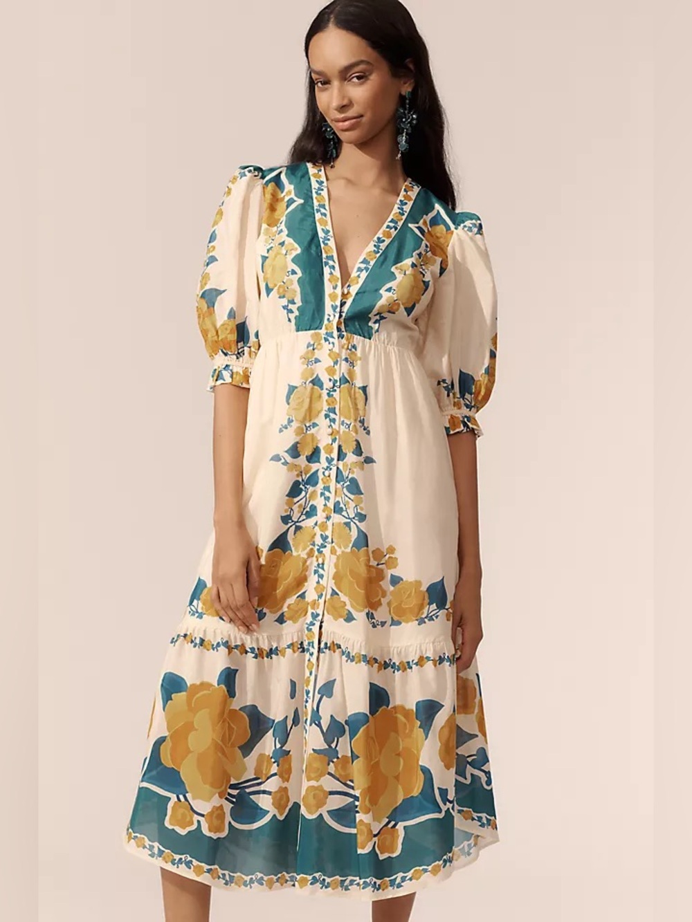 Anthropologie X Farm Rio Puff-Sleeve Printed Midi Dress - Picture 1 of 13